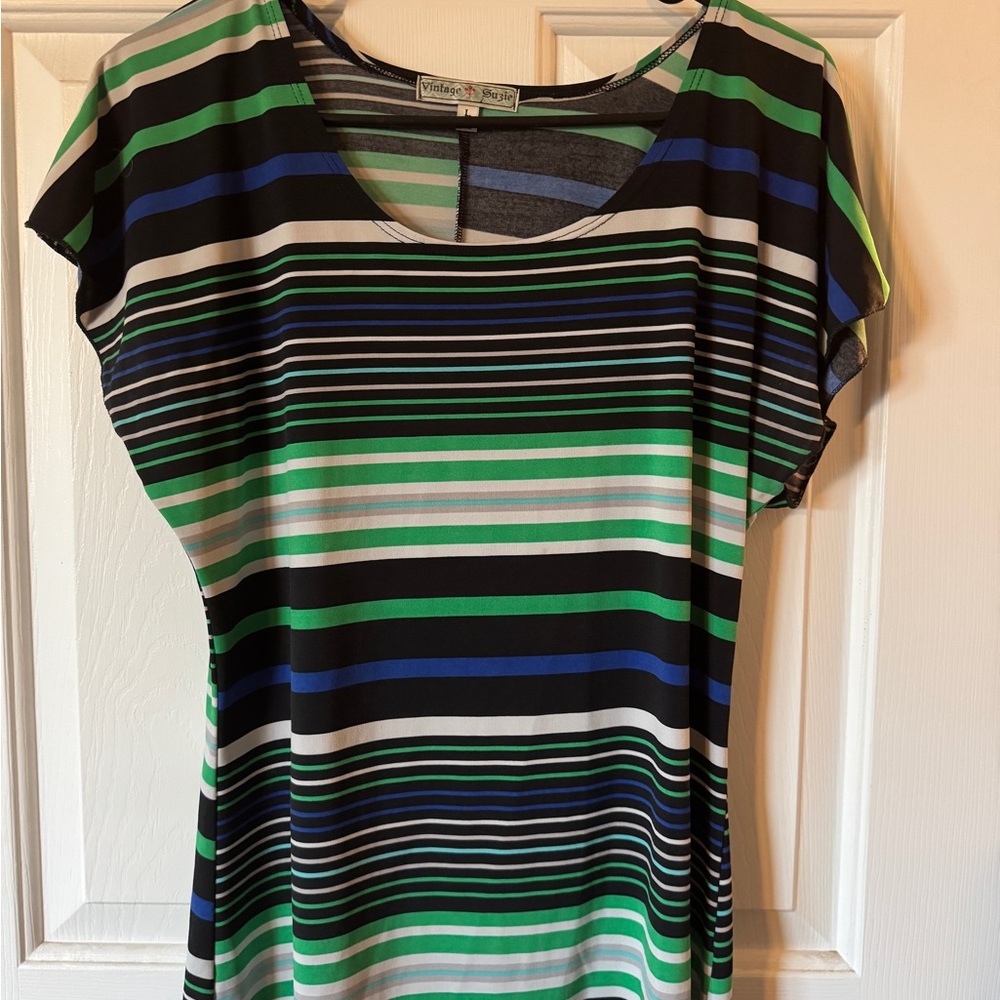 Vintage Suzie Multicolor Striped Tee - Green, Blue, Black
